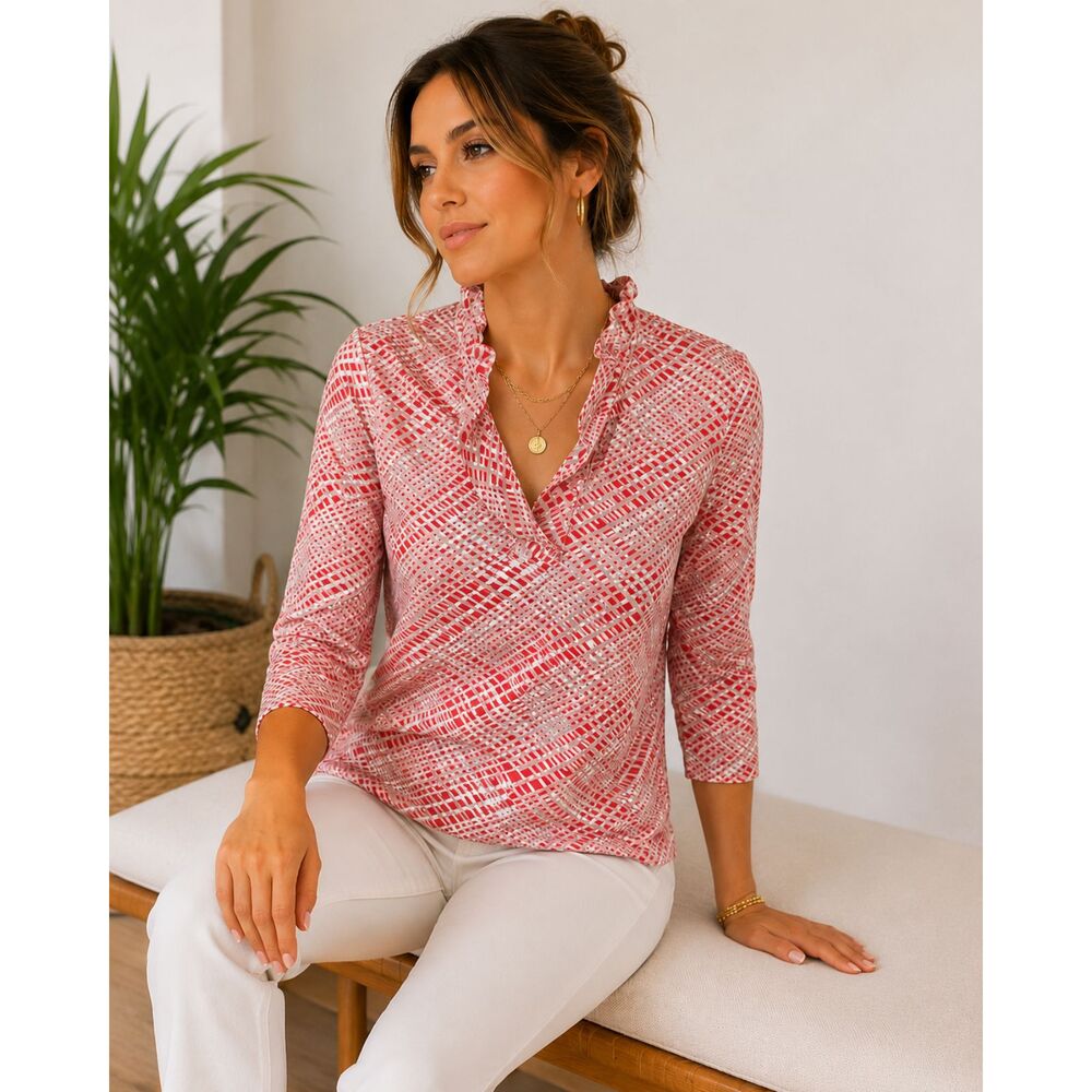 J.McLaughlin Womens 3/4 -Sleeve Red & White Patterned Blouse Ruffle Neck S